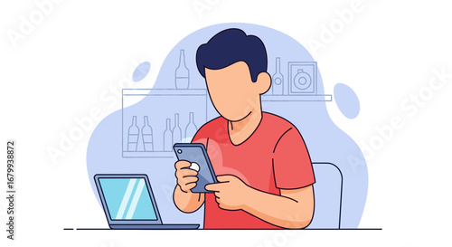 A man uses his smartphone intently, with a laptop nearby, illustrating modern digital lifestyle, online communication, and leisure activity.