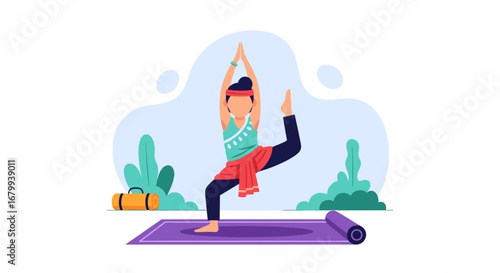 An illustration of a woman in a balanced yoga pose, symbolizing health, wellness, and mindful exercise for a balanced lifestyle.