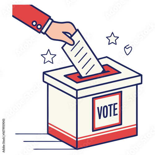 Voting in the Ballot Box: A hand places a ballot into a voting box, symbolizing civic engagement and democracy in action. A clean and bold illustration.
