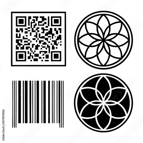 QR Code, Barcode and Sacred Geometry: High-quality black and white geometric shapes representing digital age's most important symbols.