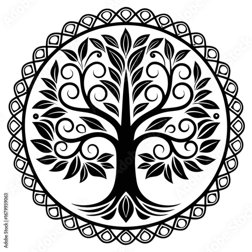 Mystical Tree of Life: A stylized representation of the Tree of Life is intricately depicted within a circular frame, showcasing elegant swirling branches, flourishing leaves.