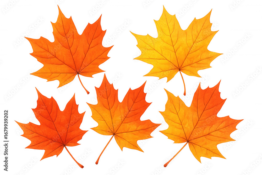 Fototapeta premium Five colorful maple leaves falling on a transparent background, creating a vibrant autumnal scene