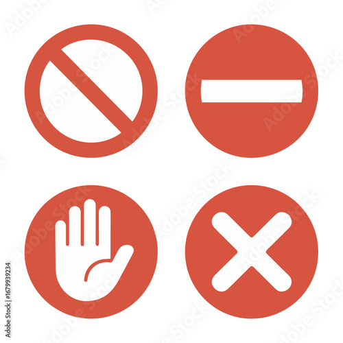 Red prohibition signs vector set: no entry, do not enter, stop hand, cancel and restriction symbols vector