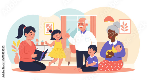 Happy multi-generational family enjoys quality time at home. Grandmother reads to children while others bond, showing love and togetherness.