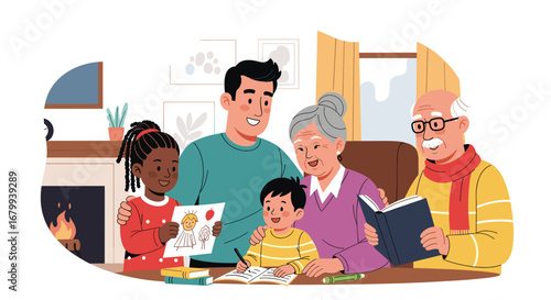 Happy multi-generational family enjoying quality time at home, with grandparents reading to children while they draw and learn. Represents family bonding and education.
