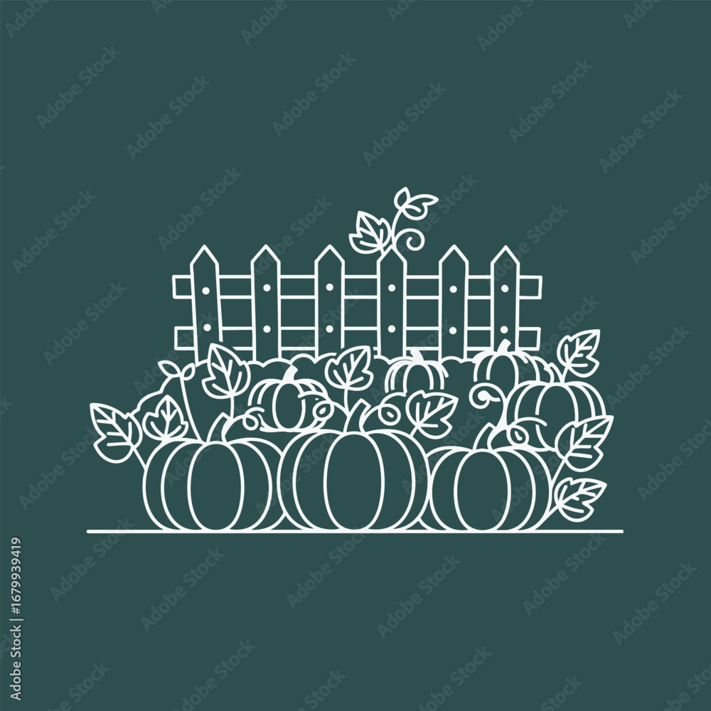 Obraz premium A whimsical illustration of a pumpkin patch with a wooden fence, showcasing vibrant pumpkins and lush green leaves