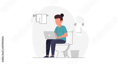 Illustration of a person working remotely on a laptop in a bathroom, symbolizing flexible work and a modern digital lifestyle.