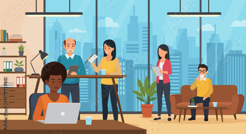 Diverse team collaborating and working productively in a modern office with city views. Ideal for business, technology, and corporate themes.