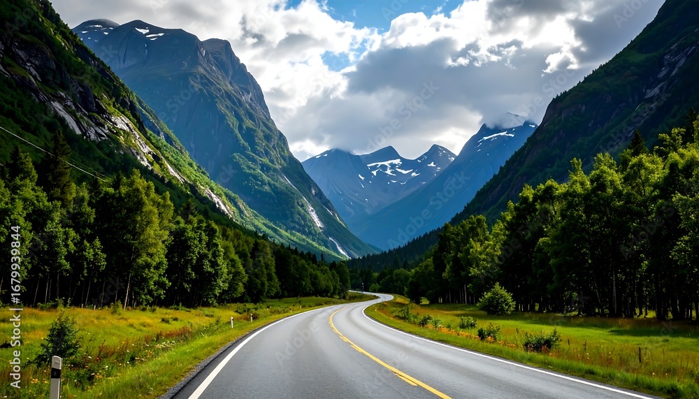 Fototapeta premium Winding road through a lush mountain valley
