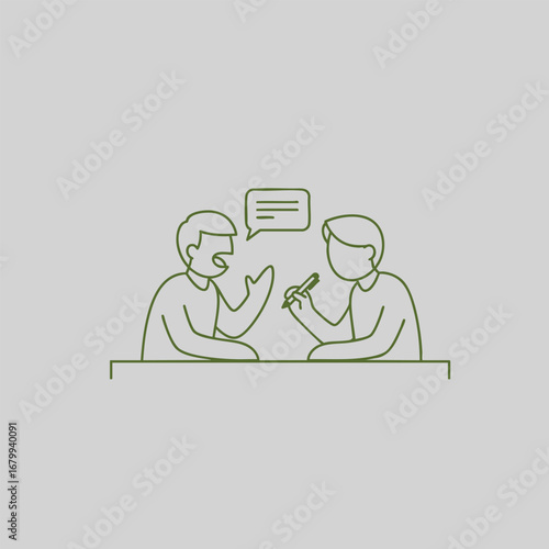 Two individuals engaged in a discussion at a table, sharing ideas with speech bubbles, in a minimalistic setting