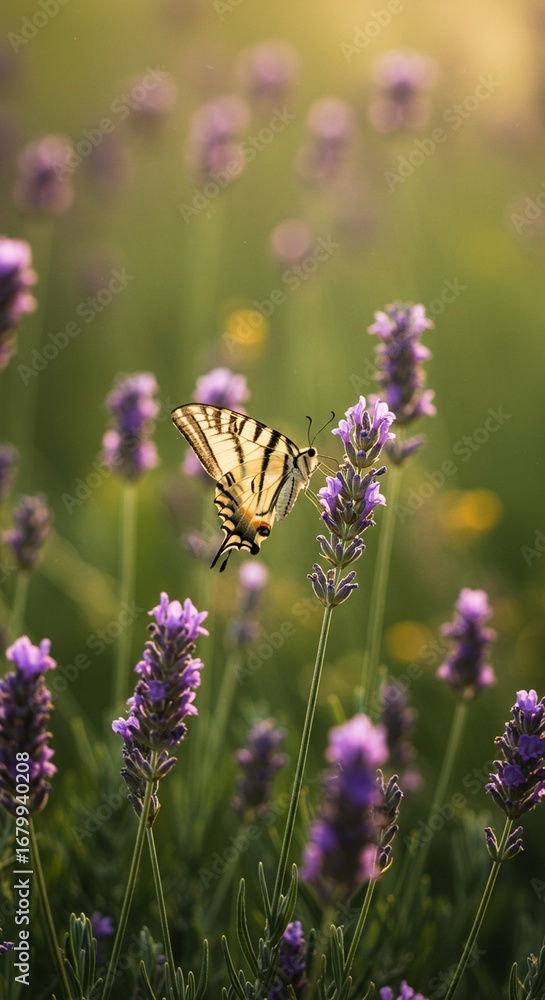 Fototapeta premium Macro vertical shot of a butterfly landing on a blooming lavender flower, natural sunlight and bokeh effect, nature and biodiversity concept