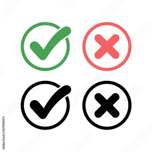 Checkmark and cross mark vector set right and wrong symbols approval and rejection icons correct and incorrect