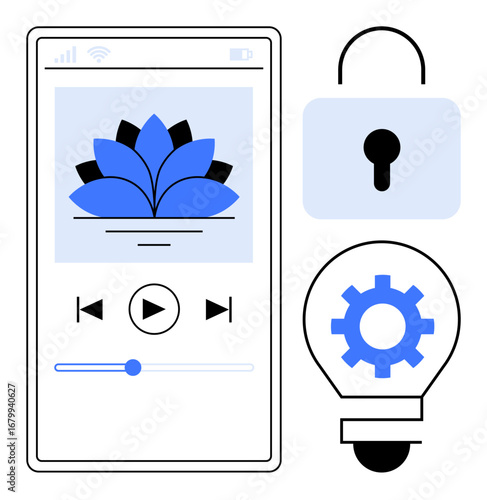 Smartphone screen with playback controls and lotus icon, next to secure lock and light bulb featuring gear. Ideal for technology, innovation, media, privacy, ideas, security user interface. Flat