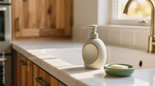 A white soap dispenser with a textured surface and gold accents sits on a white countertop next to a green soap dish holding a bar of soap, with wooden cabinets and a sink in the background.