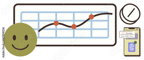 Chart with upward trend and data points, green happy face, smartphone fingerprint verification, and clock. Ideal for progress, security, productivity, analytics, time management user experience