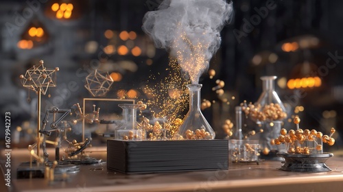 Alchemical still life featuring golden atoms extracted by luminous geometric energy fields, symbolizing transformation.
