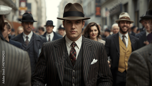 A stern-faced man in a pinstripe suit and fedora leads a group of similarly dressed men and women through a city street, evoking a 1920s gangster era atmosphere.