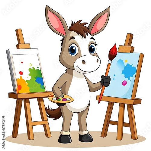 Cute Donkey Artist Painting on Easels with Colorful Splashes.