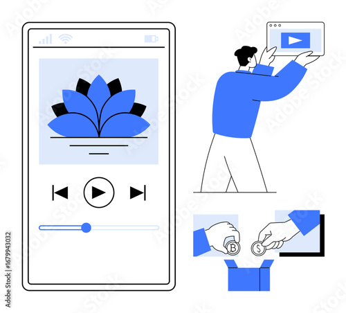 Smartphone screen with a media player, person holding a tablet with video, and hands donating coins. Ideal for digital media, content creation, video streaming, user engagement, charitable giving