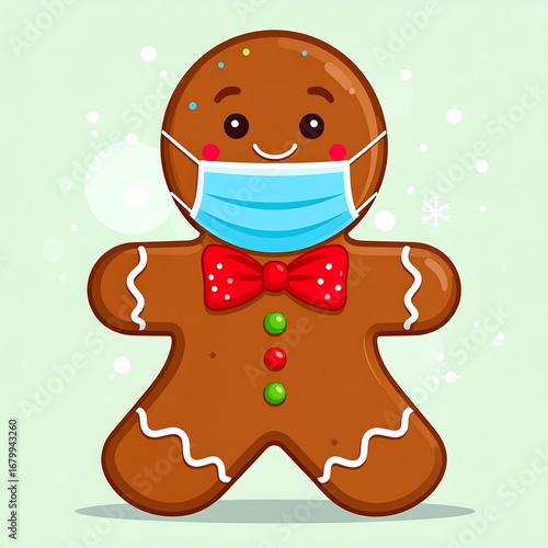 Cute gingerbread man wearing a face mask and a red bow tie.