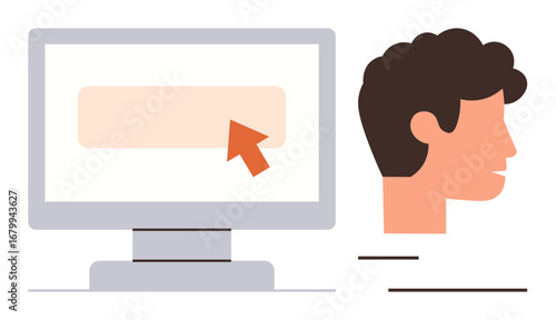 Person profile alongside monitor with a pointer clicking on-screen element. Ideal for user interaction, web navigation, technology, UI design, online learning, interface usability, and accessibility