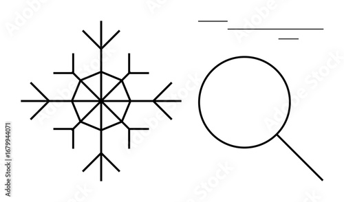 Geometric snowflake beside a magnifying glass, symbolizing winter, science, research, precision, exploration, discovery and analysis. Ideal for education weather science and focus themes. Simple