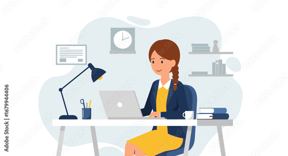 Young businesswoman focused on her laptop in a modern home office, representing productivity, remote work, online learning, and professional career development.