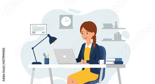 Young businesswoman focused on her laptop in a modern home office, representing productivity, remote work, online learning, and professional career development.