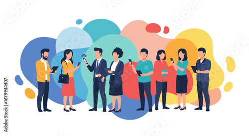 Diverse professionals and individuals connect using mobile devices, illustrating digital communication, networking, and technology integration in modern business and lifestyle.