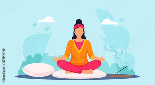 A serene woman meditates in the lotus position outdoors, promoting calm, mindfulness, and spiritual well-being. Ideal for wellness, lifestyle, and relaxation themes.