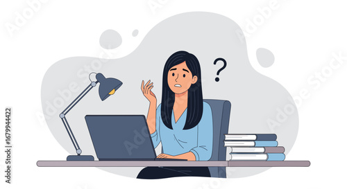 Confused woman at her desk with laptop and books, contemplating a problem or seeking answers in a work or study environment. Represents challenges, learning, and business solutions.
