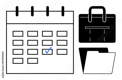 Calendar with marked date, business briefcase, and open file folder. Ideal for planning, organization, scheduling, deadlines, business productivity office work. Minimalist black and white flat
