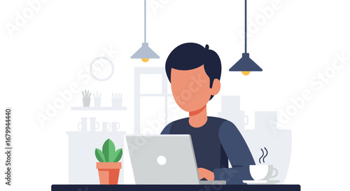 Dedicated person working diligently on a laptop at a modern desk with a plant and coffee. Ideal for concepts of remote work, productivity, and online learning.