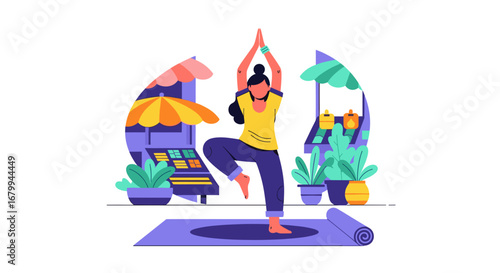 Woman practicing yoga in a peaceful outdoor setting, promoting health, balance, and mindful living. Ideal for lifestyle and wellness concepts.