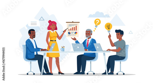 Diverse business team collaborates in a modern office meeting, discussing data, problem-solving, and generating new ideas. Ideal for corporate, teamwork, and innovation concepts.