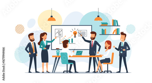 Engaged business professionals in a dynamic office meeting, collaborating on ideas, analyzing market trends, and developing innovative strategies.