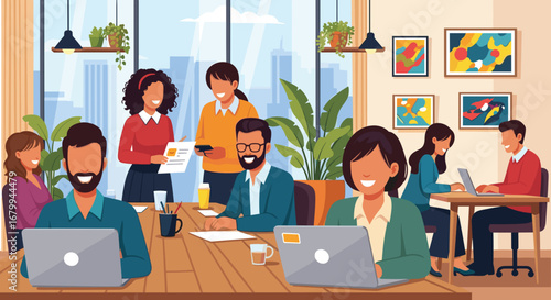 Diverse team collaborating and working actively in a modern, bright office environment, showcasing productivity and professional teamwork.