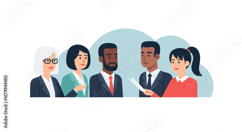 Diverse business professionals collaborating and communicating in a meeting, representing teamwork, partnership, and successful corporate strategy.
