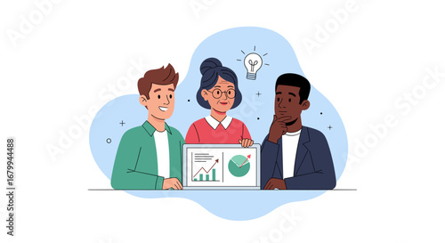 Diverse business team collaborating on data analysis and new ideas, driving innovation and growth with strategic planning and effective communication.
