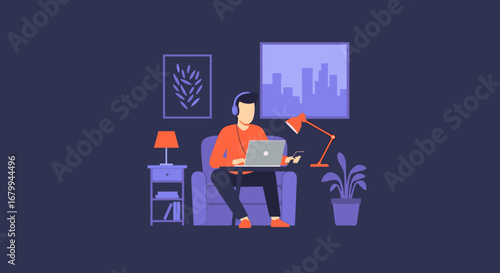 A person works remotely on a laptop with headphones, holding a smartphone in a cozy home setting, ideal for modern work-life balance and online communication.