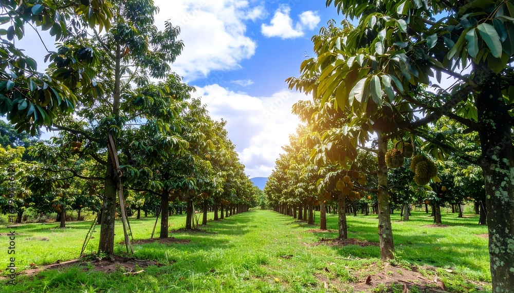 Fototapeta premium Lush orchard pathway under a bright sky