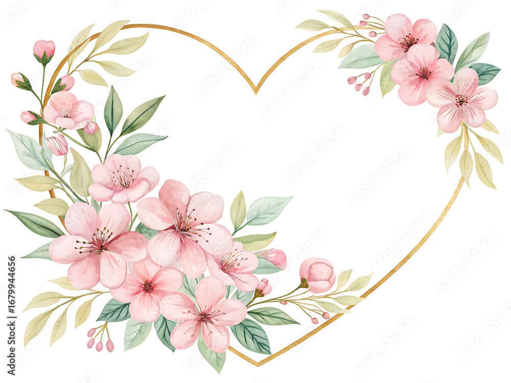 Fototapeta premium Watercolor pink blossoms and green leaves framing a golden heart on a white background design element