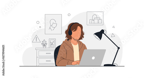 Woman in headphones focused on her laptop at a home desk. Represents remote work, online learning, productivity, and modern digital lifestyle. Ideal for business and technology themes.