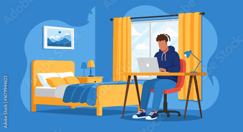 Young man working remotely on his laptop at a desk in his comfortable bedroom. Illustrates productivity, online learning, or a work-from-home lifestyle.
