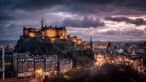 Edinburgh Castle at Sunset, Illuminated Cityscape.
