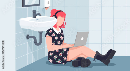 Young woman with headphones uses a laptop while sitting on a bathroom floor, embodying flexible remote work or a private, focused workspace. Modern digital lifestyle.