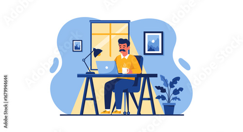 Man with mustache working on laptop at his home office desk. Concept of remote work, freelancing, digital lifestyle, and online productivity.