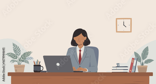 Professional businesswoman working diligently on a laptop in a modern office, symbolizing productivity, corporate life, remote work, and focused achievement.