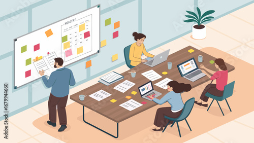 A diverse business team collaborates in a modern office, planning and working on laptops, reflecting teamwork, strategy, and productivity.