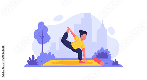 Woman practicing yoga in a serene outdoor setting with a city skyline, embodying balance and wellness. Ideal for health, fitness, or urban lifestyle content.